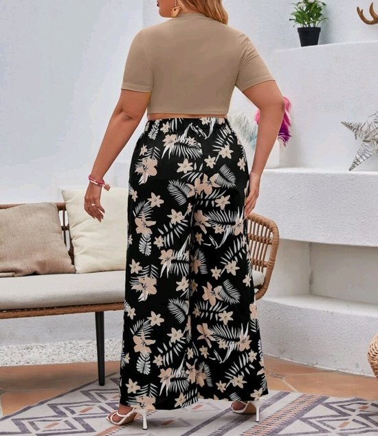 2 delige sexy elegante prachtige outfit t shirt top en wijde stretch broek met bloemen design plus size 2XL eu 46/48