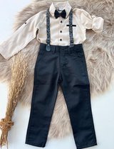 luxe vierdelige katoenen set-4 delig kinderpak- effen beige overhemd, verstelbare bretels en vlinderdas- kostuumbroek (zwart), feestoutfit-bruiloft-fotoshoot-verjaardag- 2 jaar
