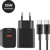 WiseQ 33W Ultra-Snellader - Dubbele snellader USB A & USB C Poorten - Geschikt voor Samsung, Huawei, Oppo, iPhone 15 & MacBooks - Inclusief 3m USB-C - USB C Kabel - Premium Zwart