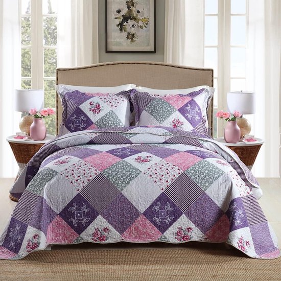 sprei sprei 220 x 240 cm voor tweepersoonsbed gewatteerde dekenset met kussen patchwork sprei met bloemenpatroon paars