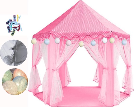 Prinsessen Kasteel Speeltent voor Kinderen Roze Wit Met Bodem met Led Verlichting - Vanaf 3 Jaar - 140x140x140cm - Kinderen Tent Kasteel - Voor binnen en Buiten