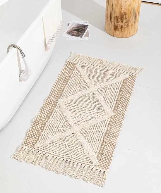 Tapis en coton tufté lavable, tapis rétro, tapis d'entrée avec pompons, bohème marocain, tapis pour salon, chambre et porte d'entrée (60 x 180 cm, marron clair)
