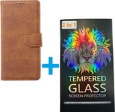 Portemonnee Bookcase Hoesje + 2 Pack Glas Geschikt voor: Samsung Galaxy A04E - Lichtbruin