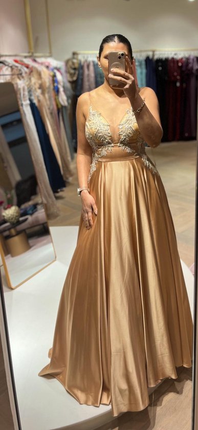 ELIS - Beige Satin Long Evening Dress with Cord Straps - Maat 38