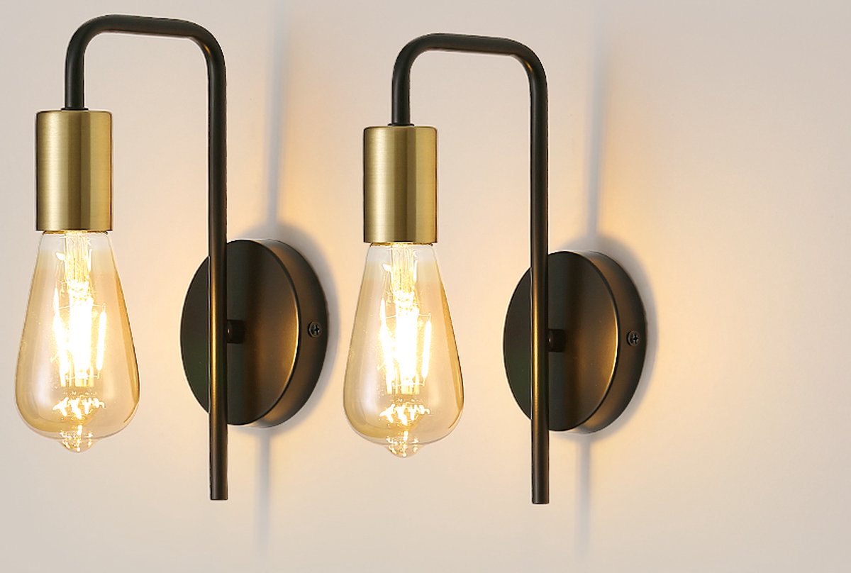 Delaveek-E27 U-vormige ijzeren wandlamp - 2-delige set - Zwart Goud - Ontworpen voor slaapkamer, woonkamer, hal, badkamer en keuken.