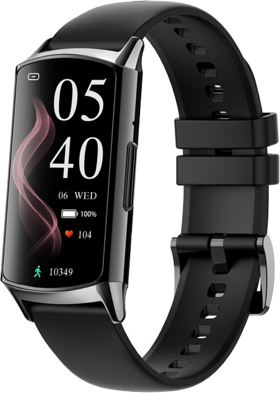 Zwarte activity tracker met digitaal display dat de tijd "05:40" toont.