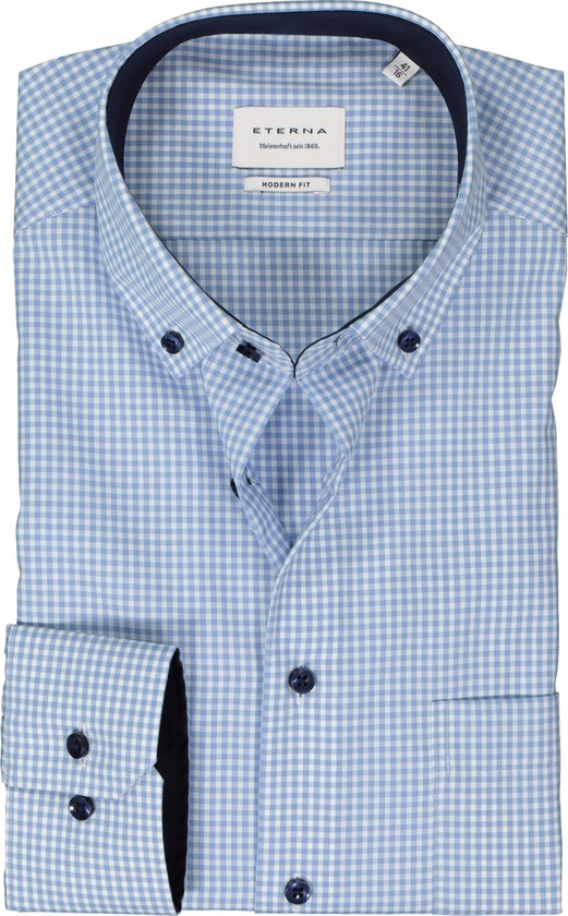 ETERNA modern fit overhemd - popeline - lichtblauw geruit (contrast) - Strijkvrij - Boordmaat: