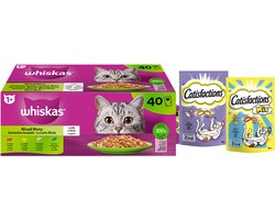 Whiskas & Catisfactions kattenvoeding - mix natte voeding en snacks met eend, zalm en kaas - 3520g