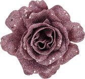 1x stuks decoratie bloemen roos roze glitter op clip 10 cm - Decoratiebloemen/kerstboomversiering/kerstversiering