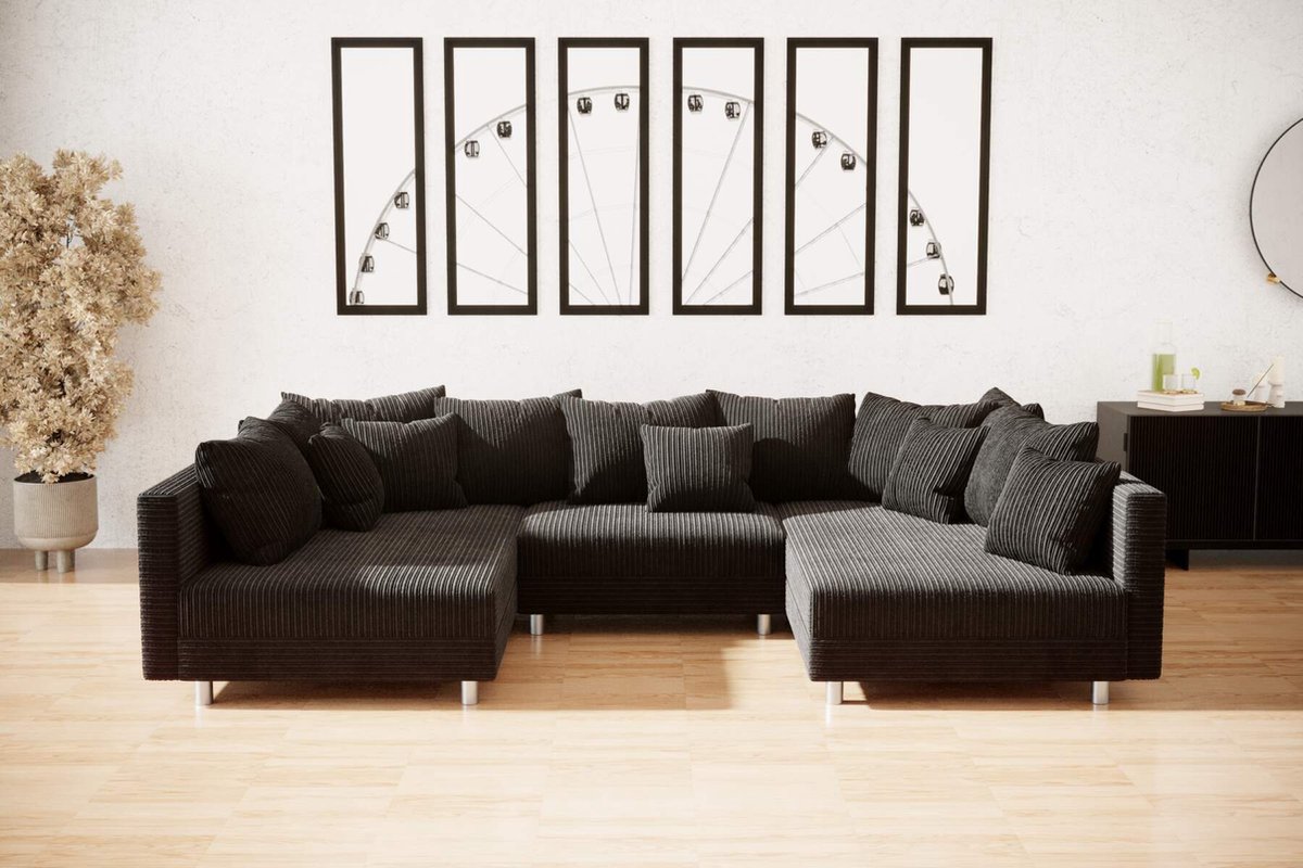 hoekbank denver u- corduroy zwart- zonder poef (hocker) - hoeksalon met dubbele lounge zonder poef- seatsandbeds