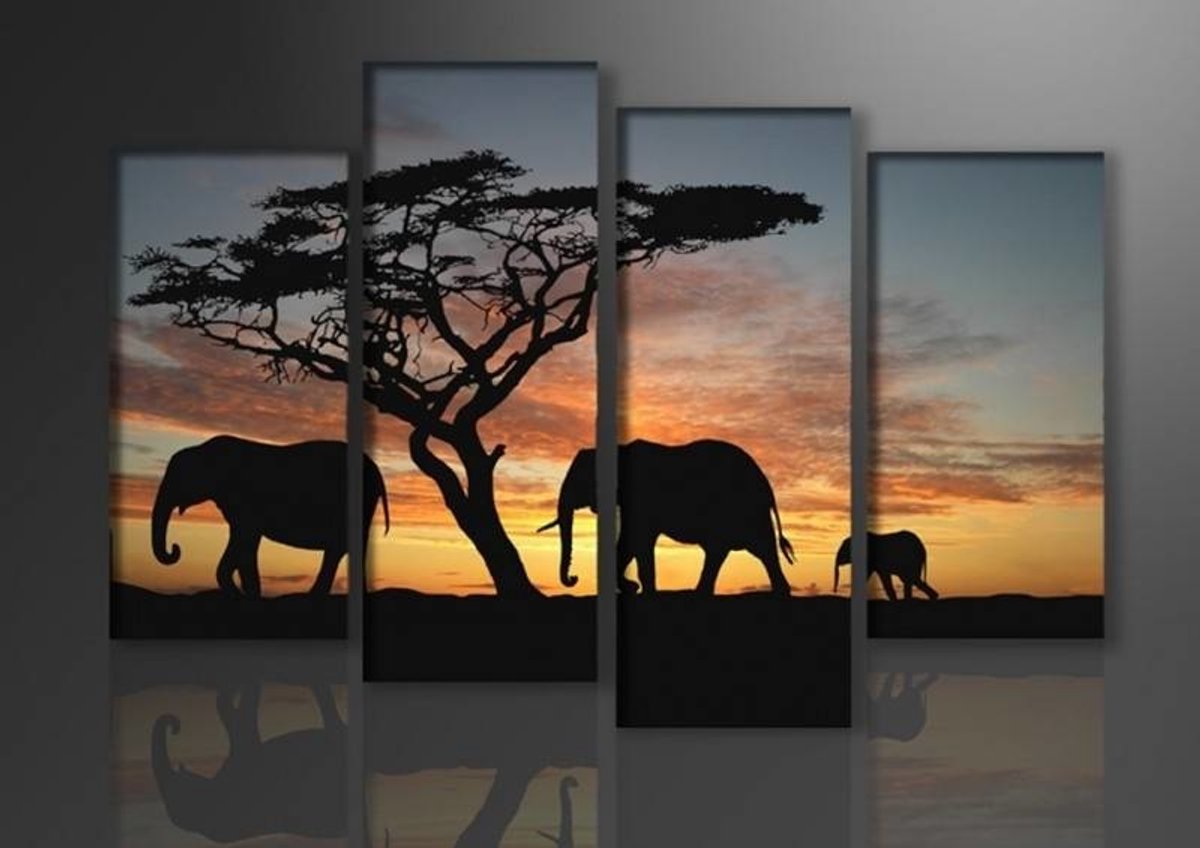 Schilderij - Afrika Olifant, Oranje/Zwart, 130X80cm, 4luik