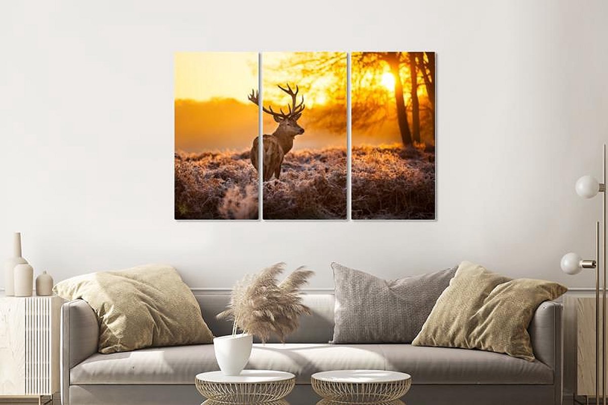 karo-art Schilderij - Hert in de ochtend, 120x80cm, 3 luik, premium print Multikleur