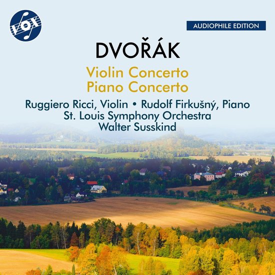 Albumhoes met "DVOŘÁK Violin Concerto Piano Concerto Ruggiero Ricci, Violin Rudolf Firkusný, Piano St. Louis Symphony Orchestra Walter Susskind" en een landschap met herfstkleuren.