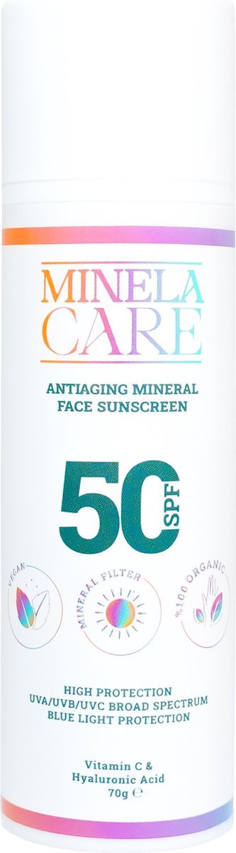 Minela Care - Biologische Minerale Filter Antiaging Zonnebrand - Hydraterende met Hyaluronzuur - Crème - voor gezicht - SPF+ - 70 gr