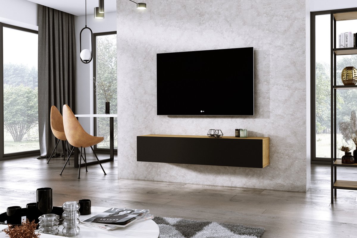 Meubel Square - TV meubel DIAMOND - Eiken / Mat Zwart - 150cm - Hangend TV Kast