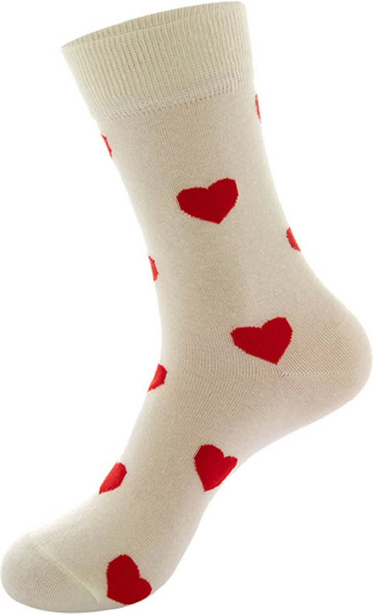 Sokken Dames - wit - rood - leuke pront - hart - hartjes - maat 36-40 - cadeau - voor haar - Valentijn