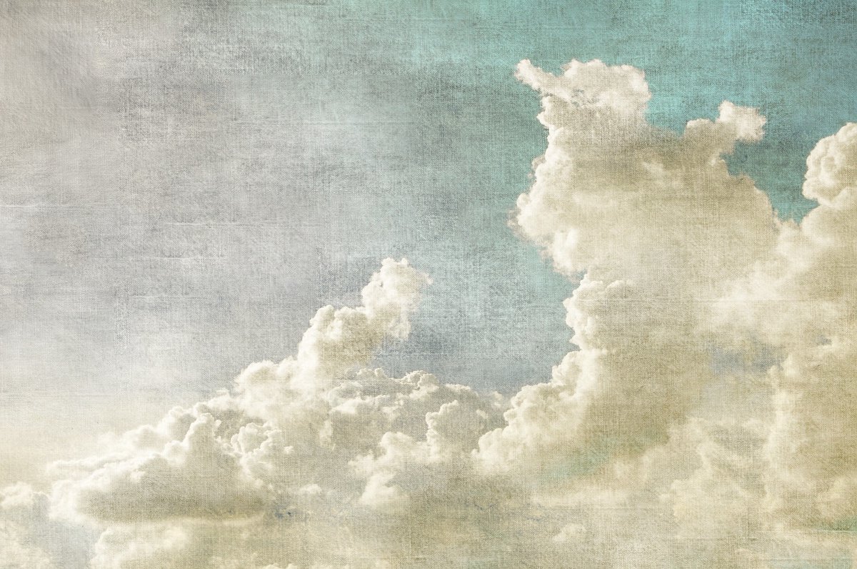 karo-art Schilderij - Blauwe hemel met witte wolken, grunge in retro stijl, Premium print Multikleur
