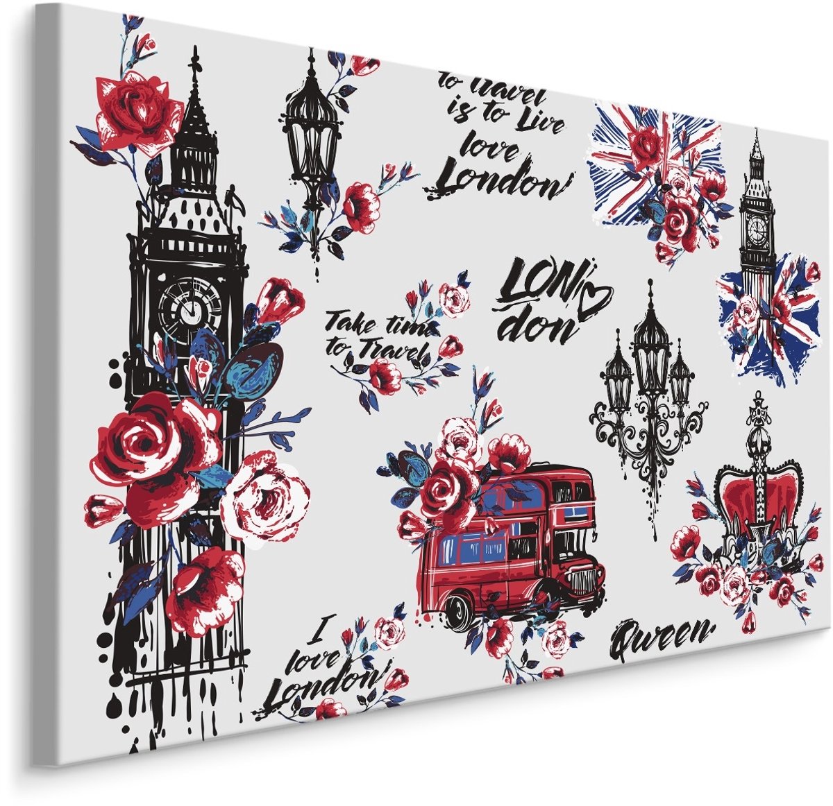 karo-art Schilderij - Symbolen van Londen met Bloemen, Premium Print Multikleur