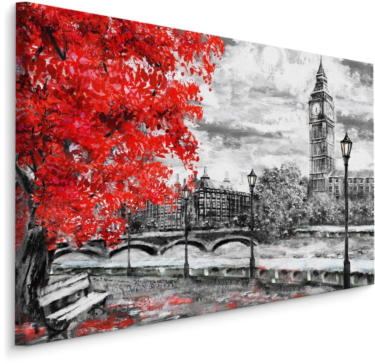 karo-art Schilderij - Uitzicht op de Thames en Big Ben in Londen (print op canvas), zwart-wit/rood, 4 maten, wanddecoratie Multikleur