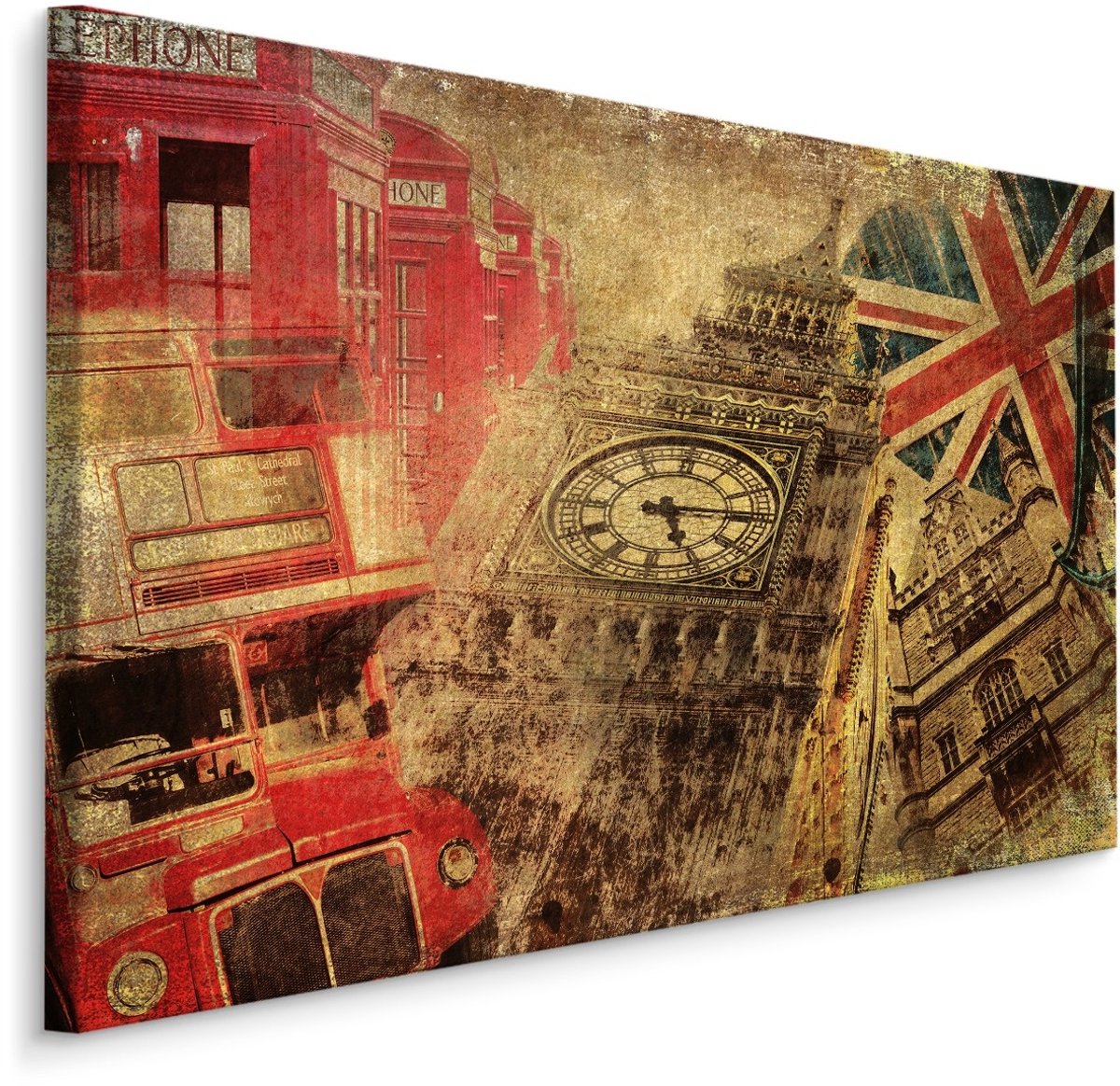 karo-art Schilderij - Iconen van Londen in Vintage Stijl, Premium Print Multikleur