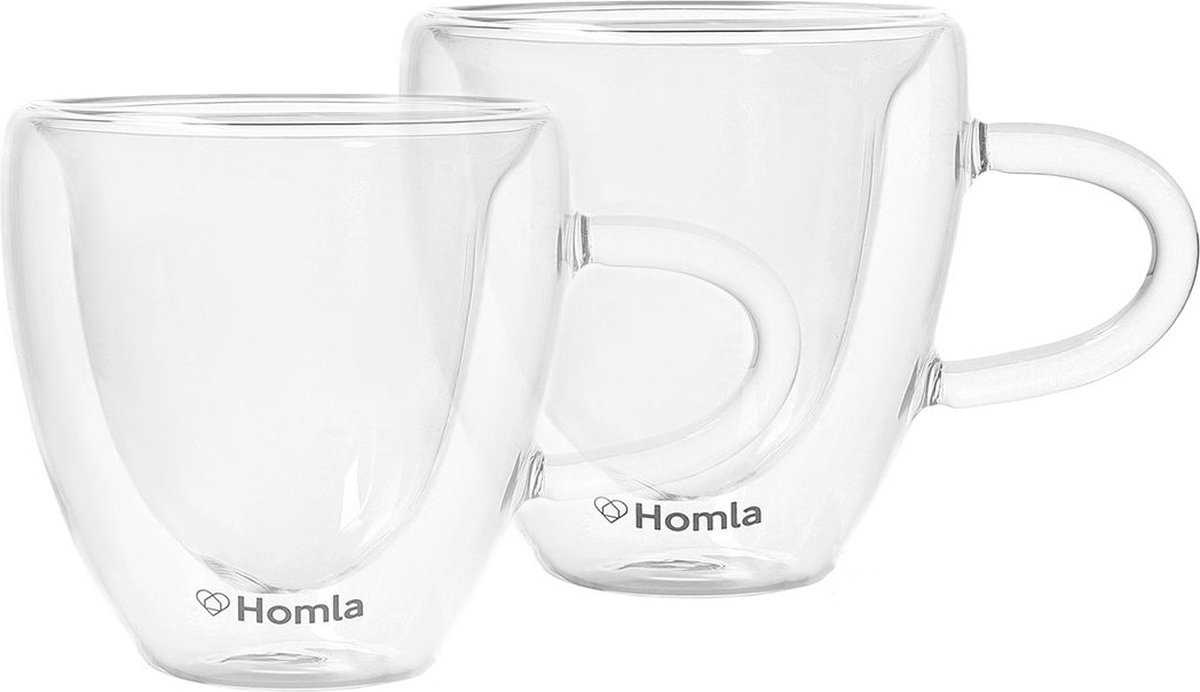 HOMLA Cembra dubbelwandig glazen hartvorm - set van 2 mokken kopjes - voor koffie thee latte macchiato cappuccino - vaatwasmachinebestendig hoogte 8 cm hoog 0,15 l inhoud