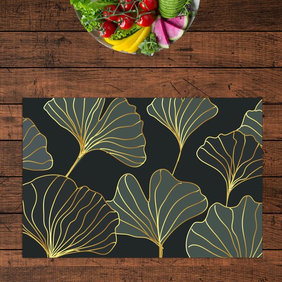 BWK Textiele Placemat - Goud met Groene Getekende Bladeren - Set van 6 Placemats - 45x30 cm - Polyester Stof - Afneembaar