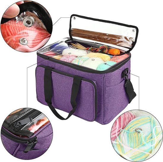 Breitas voor het opbergen van wol, opbergtas voor wol, handwerktas, wollen tas voor het opbergen van garen, breinaalden, haaknaalden, breigaren (paars)