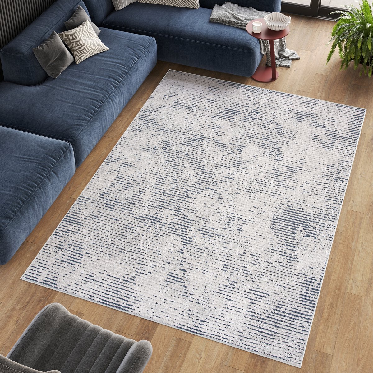 Tapiso Lotus Vloerkleed Blauw Lijnen Woonkamer Laagpolig Tapijt Maat- 200x300 Blauw 2