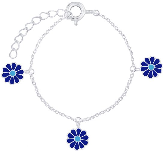 Joie|S - Bracelet breloques fleur marguerite argent - fleurs bleues - 14 cm + rallonge 3 cm - pour enfant