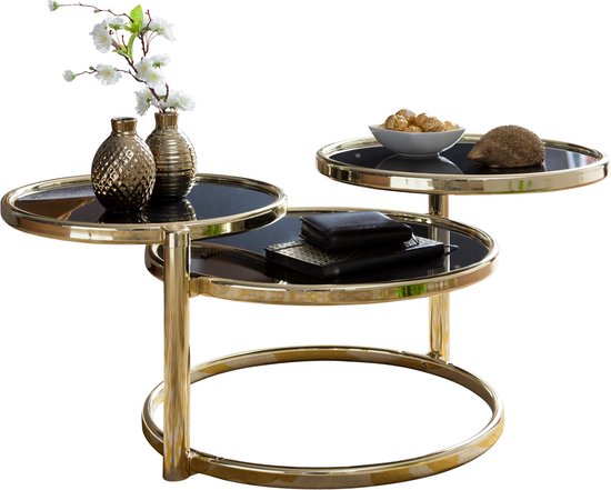 salontafel SUSI met 3 tafelbladen Zwart / Goud 58 x 43 x 58 cm | Bijzettafel rond | Ontwerp salontafel glas / metaal | Designtafel met glazen tafel modern | Kleine salontafel