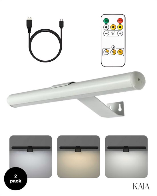Set van 2 Oplaadbare Schilderijverlichting - Draadloze Wandlamp - Draadloze Schilderijverlichting Oplaadbaar - Touch en remote - Dimbaar LED 3000K/4000K/6500K - Oplaadbare Schilderijlamp Snoerloos - Sterke Accu Schilderijlamp - Wit