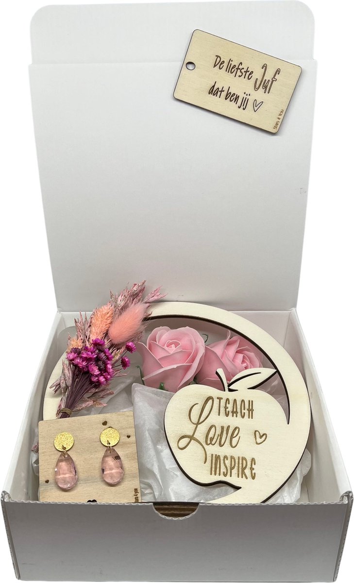 Geschenkbox JUF | ROZE | flowerhoop | zeeproosjes | jij bent de liefste | liefste juf | topjuf | einde schooljaar | cadeau | cadeautje juf