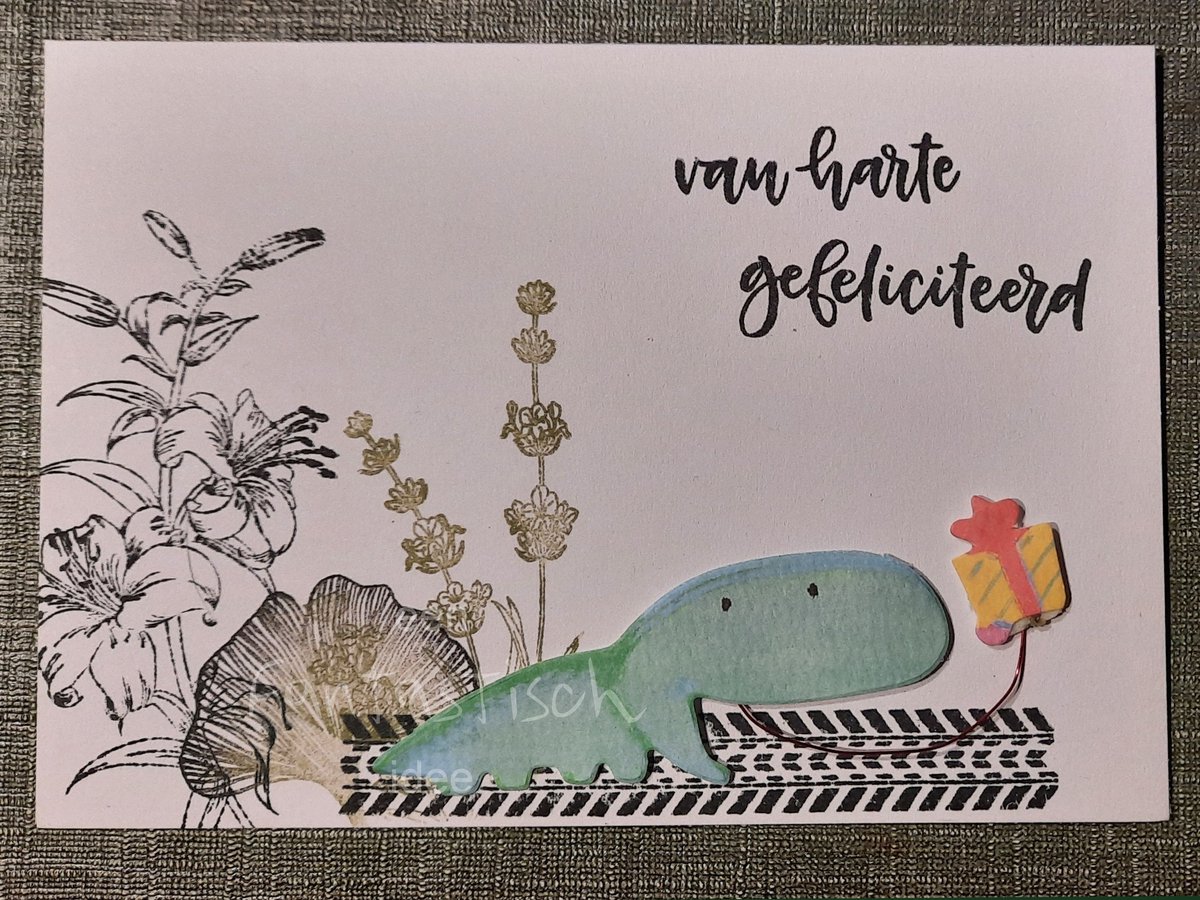 Verjaardagskaart - HANDGEMAAKT - Dino met cadeau