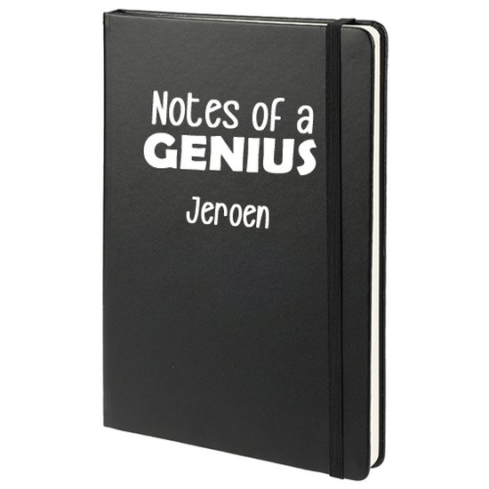 Notitieboek met naam en quote 'Notes of a Genius', lederlook kaft, B5 formaat, gelinieerd, 240 pagina's