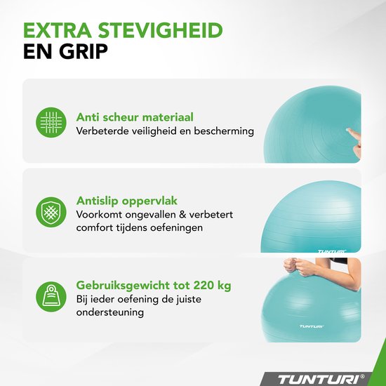 Ballon De Fitness Tunturi Anti-Burst – 75 Cm, 220 Kg, Pompe Incluse, Menthe – Yoga, Pilates, Grossesse, Application Incluse