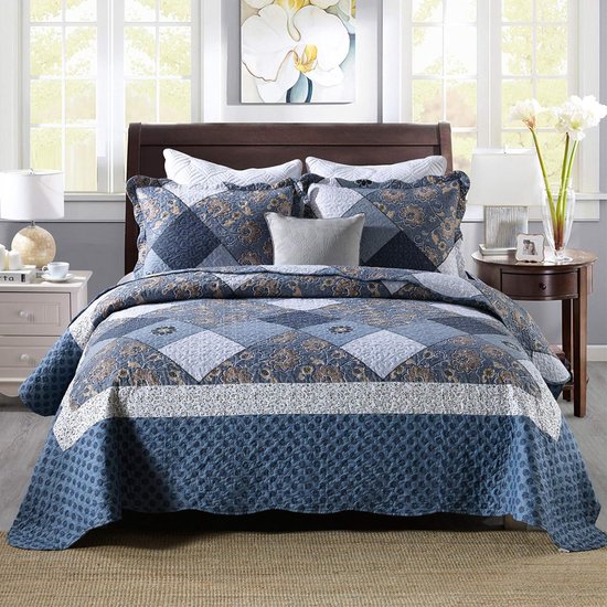 Gewatteerde sprei 220x240cm voor bed, patchwork bedsprei van microvezel, dun winterdekbed, omkeerbaar design, blauw met bloemenpatroon