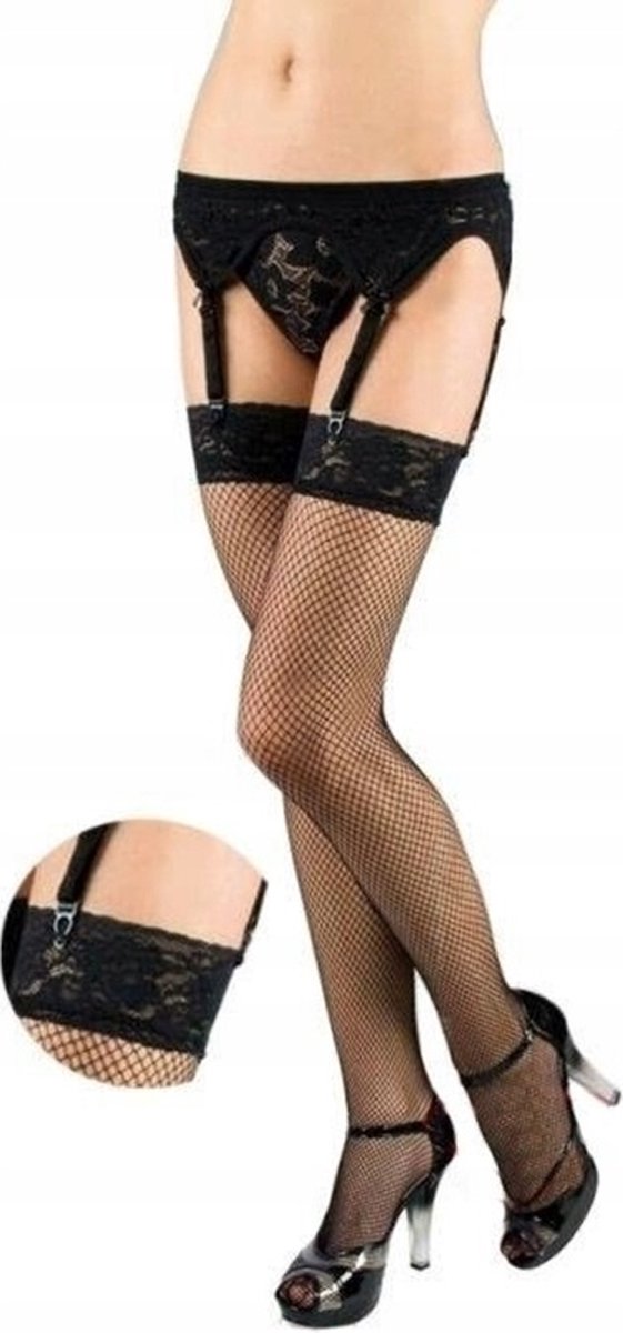 Softline Collection - Visnet jarretelkousen met kant - zwart L