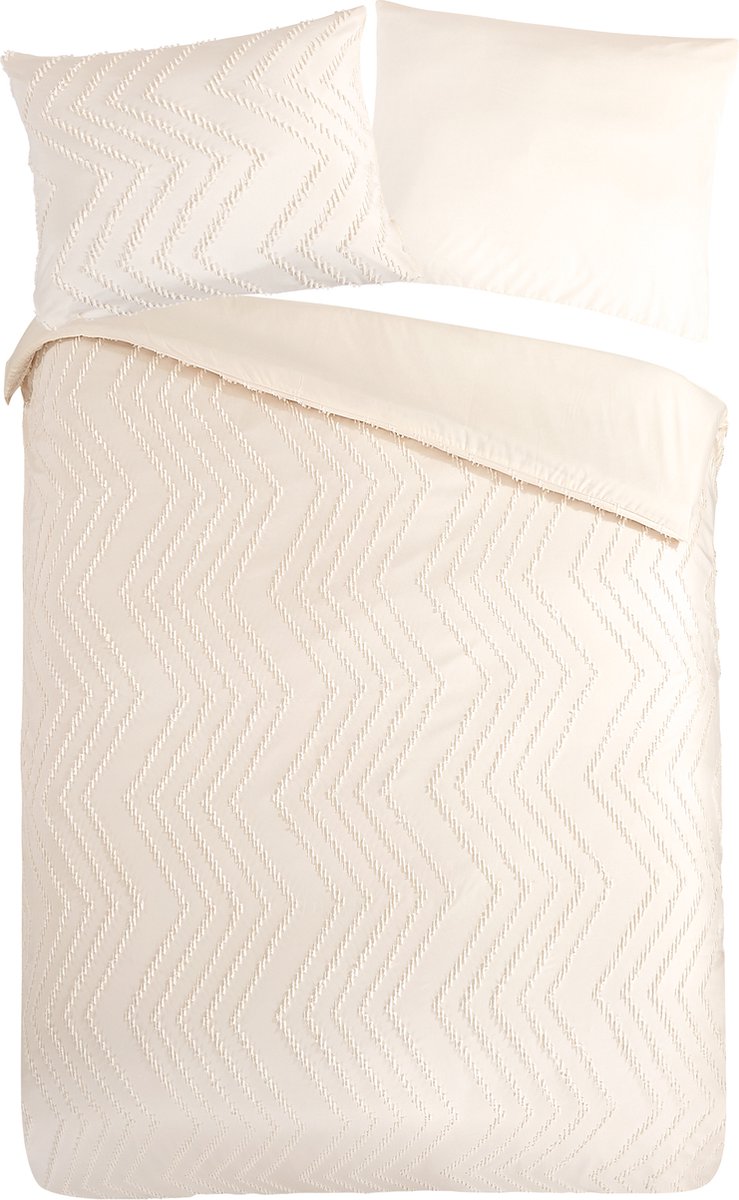 Pure dekbedovertrek luxe zizag biezen/ borduursels - 1 persoons 140x200/220 cm - Ecru - Microvezel