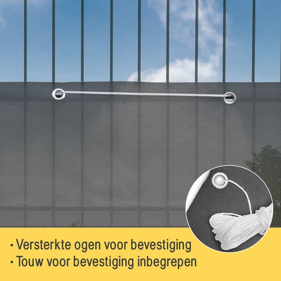 Detail van donkergrijs balkondoek met versterkte oogjes en touwbevestiging. "Versterkte ogen voor bevestiging. Touw voor bevestiging inbegrepen".