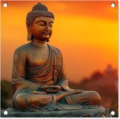 Tuinposter Boeddha - Tuindecoratie Buddha zonsondergang - 50x50 cm - Wanddecoratie voor buiten - Schutting decoratie - Buitenposter Boedha beeld - Schuttingdoek - Tuindoeken - Tuin doek - Balkon poster