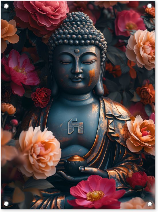 Tuinposter Boeddha - Tuindecoratie Buddha beeld - 60x80 cm - Tuindoek bloemen - Muurdecoratie voor buiten - Schuttingposter - Tuinschilderijen - Tuinwanddecoratie - Tuinposters