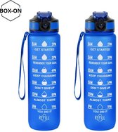 Motivatie Waterfles - 2 STUKS - BOX-ON - Blauw - 1 Liter Drinkfles - Waterfles met Rietje - Waterfles met tijdmarkering - BPA Vrij - Volwassenen - Kinderen