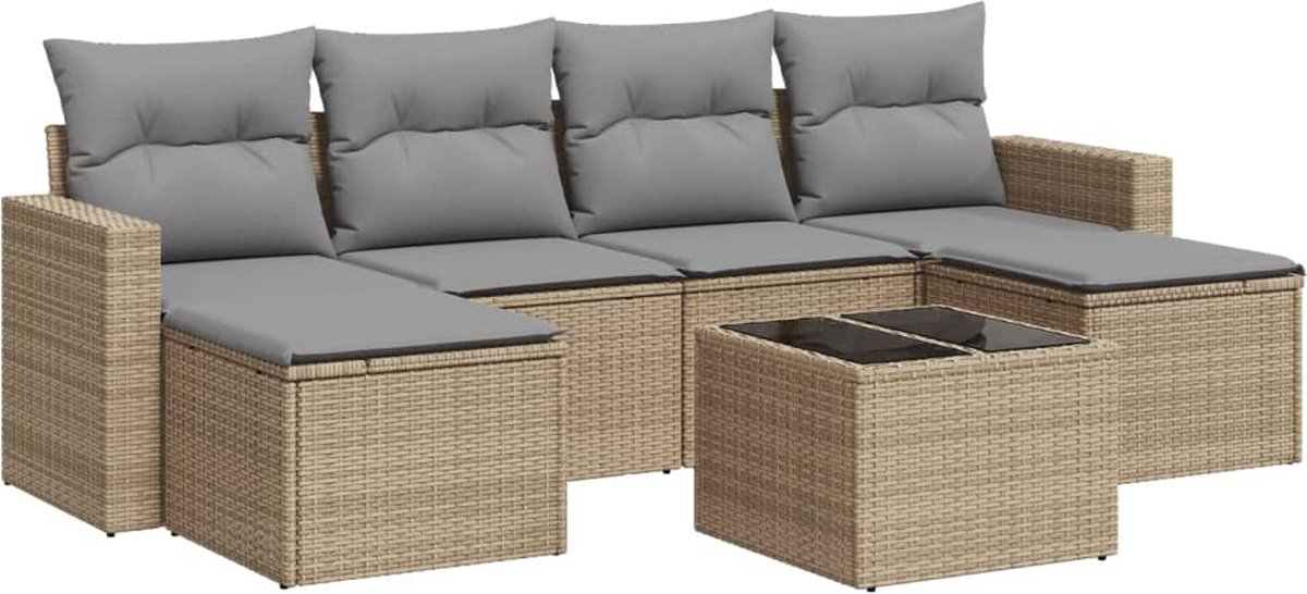 vidaXL 7-delige - Loungeset - met - kussens - poly - rattan - beige