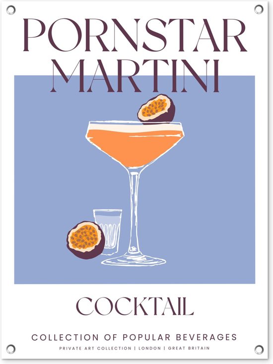 Tuinposter 60x80 cm - Cocktail - Pornstar Martini - Vintage - Blauw - Tuindecoratie voor buiten - Schutting decoratie - Tuin - Beach bar accessoires