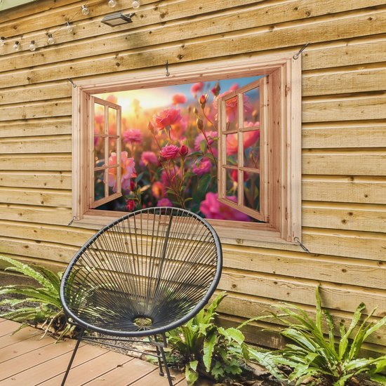 Tuinposter doorkijk bloemen - Lichtbruin raam - Tuindecoratie roze rozen - 120x80 cm - Poster voor in de tuin - Buiten decoratie - Schutting tuinschilderij - Tuindoek muurdecoratie - Wanddecoratie balkondoek