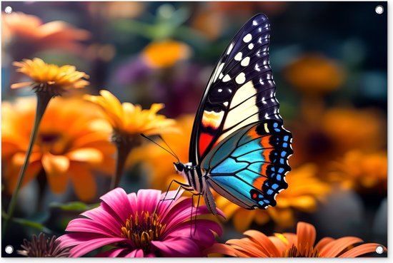 Tuinposter vlinder - Tuindecoratie - Vlinder op bloemen - 90x60 cm - Poster voor in de tuin - Buiten decoratie - Schutting tuinschilderij - Tuindoek muurdecoratie - Wanddecoratie balkondoek
