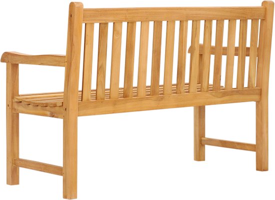 Houten tuinbank, achterkant gezien, met spijlen.