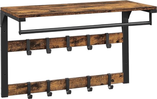 Wandkapstok - Wandplank met 10 afneembare haken - Kapstok met Plank - Vintage Bruin - Multifunctioneel