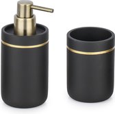 Badkamerset zeeppompje en beker/tandenborstelhouder mat zwart/goud kunststof 17 cm - badkamer accessoires