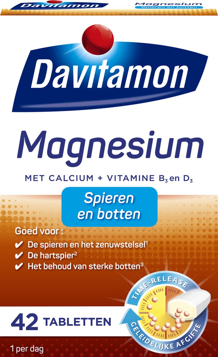 Davitamon Magnesium Tabletten – magnesium met Calcium en Vitamine D - Voor spieren en botten - Voedingssupplement - 42 magnesium tabletten op Prijzenvolger.com